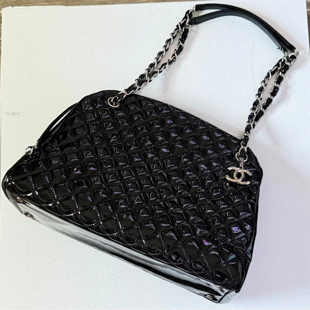 CHANEL Black Quilted Patent Leather Just Mademoiselle Bag (Excellent)